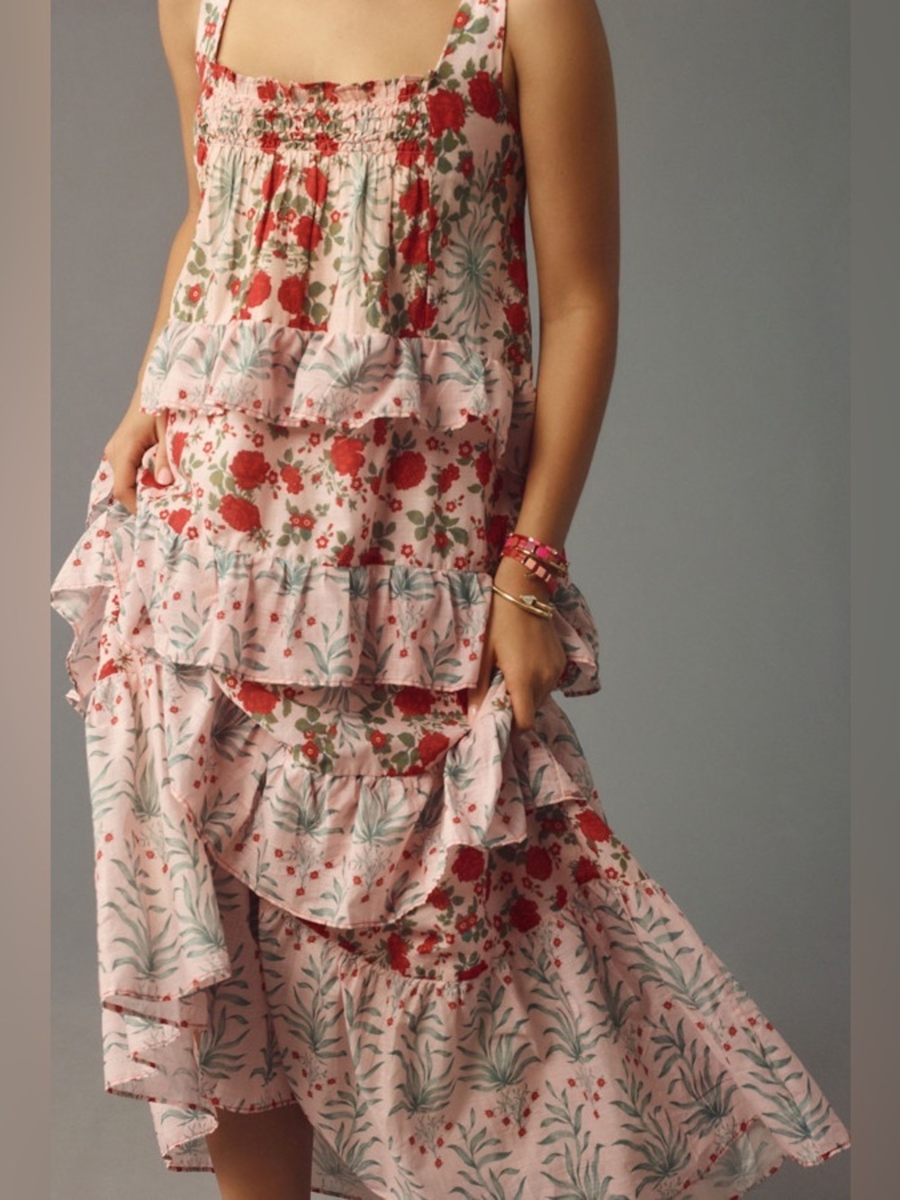 Anthropologie Sleeveless Tiered Midi Floral Ruffle Cottagecore cotton Dress S